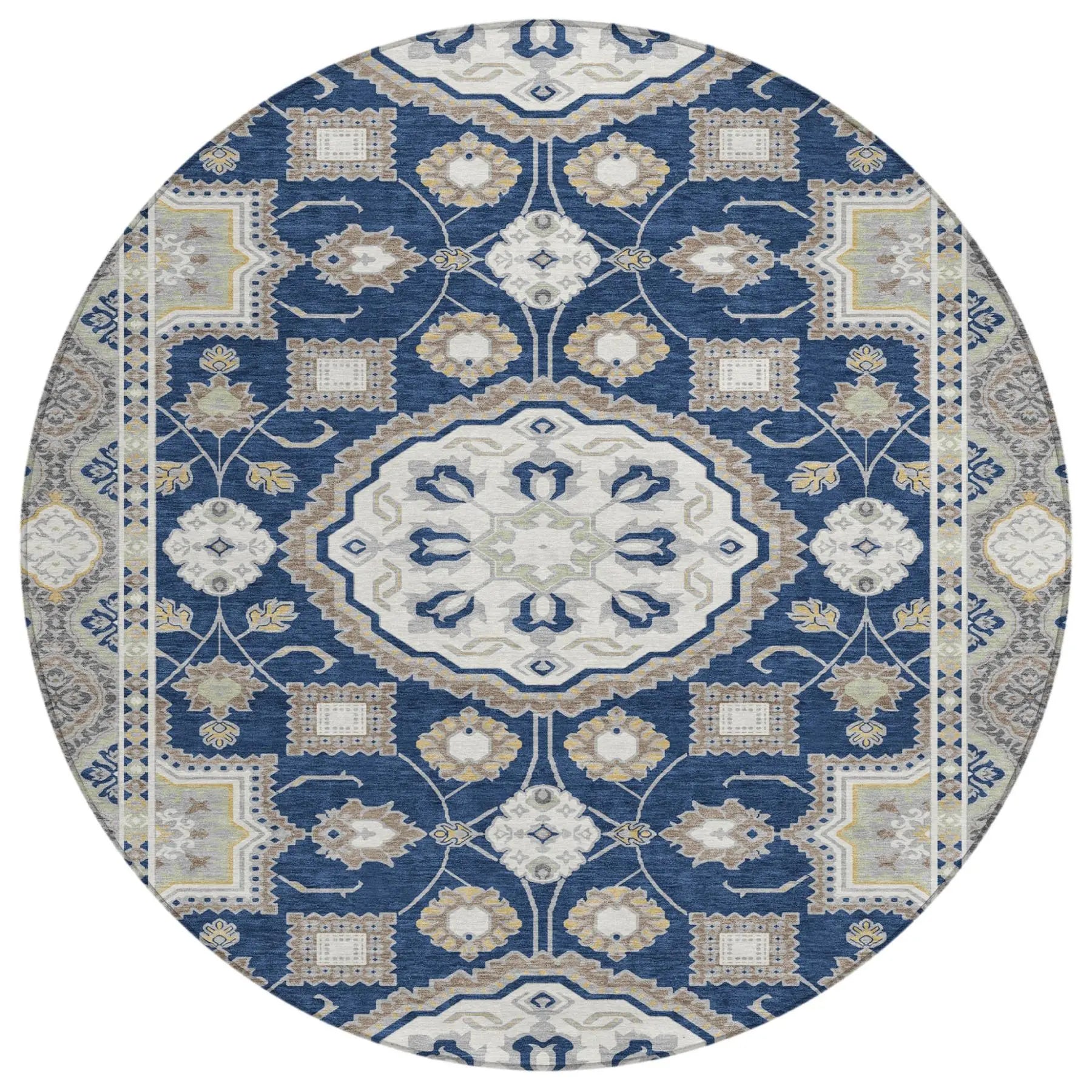 8' Navy Blue And Blue Round Floral Medallion Washable Indoor Outdoor Area Rug Homeroots Outdoor