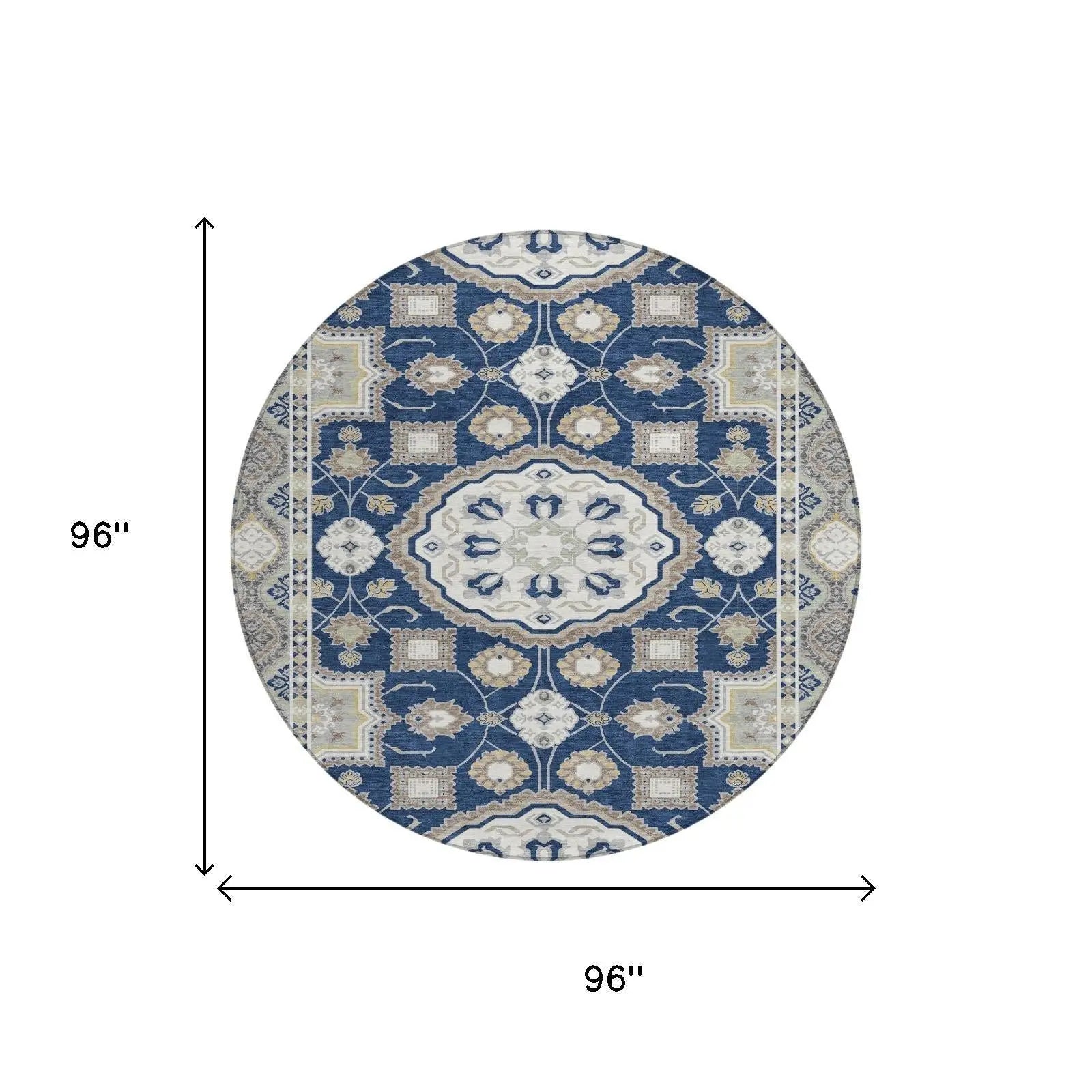 8' Navy Blue And Blue Round Floral Medallion Washable Indoor Outdoor Area Rug Homeroots Outdoor