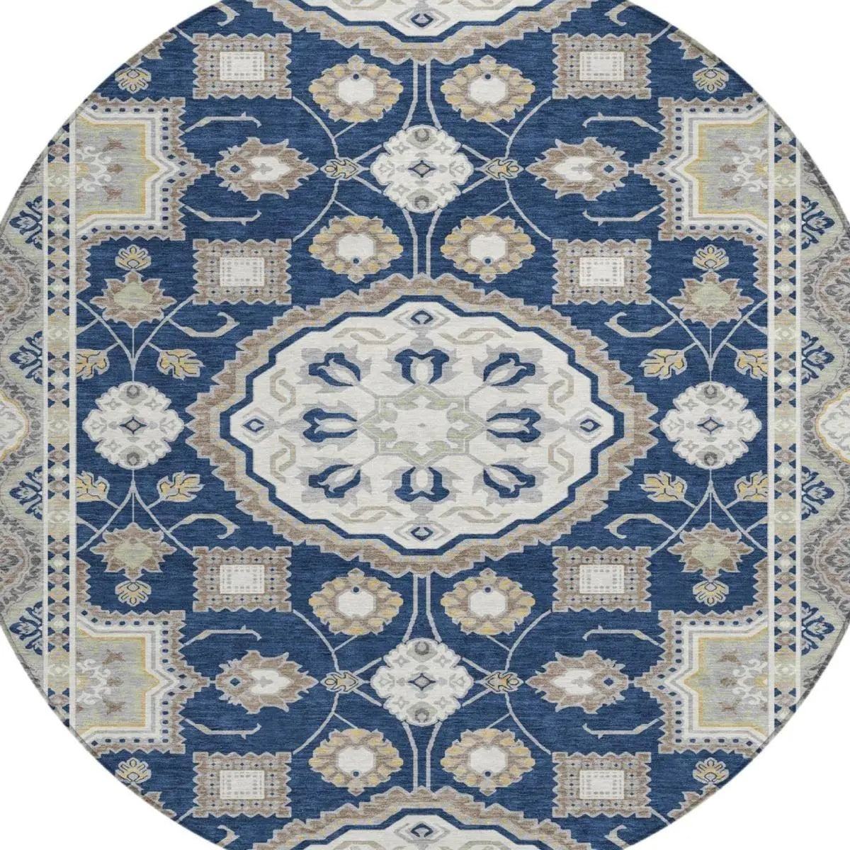 8' Navy Blue And Blue Round Floral Medallion Washable Indoor Outdoor Area Rug Homeroots Outdoor