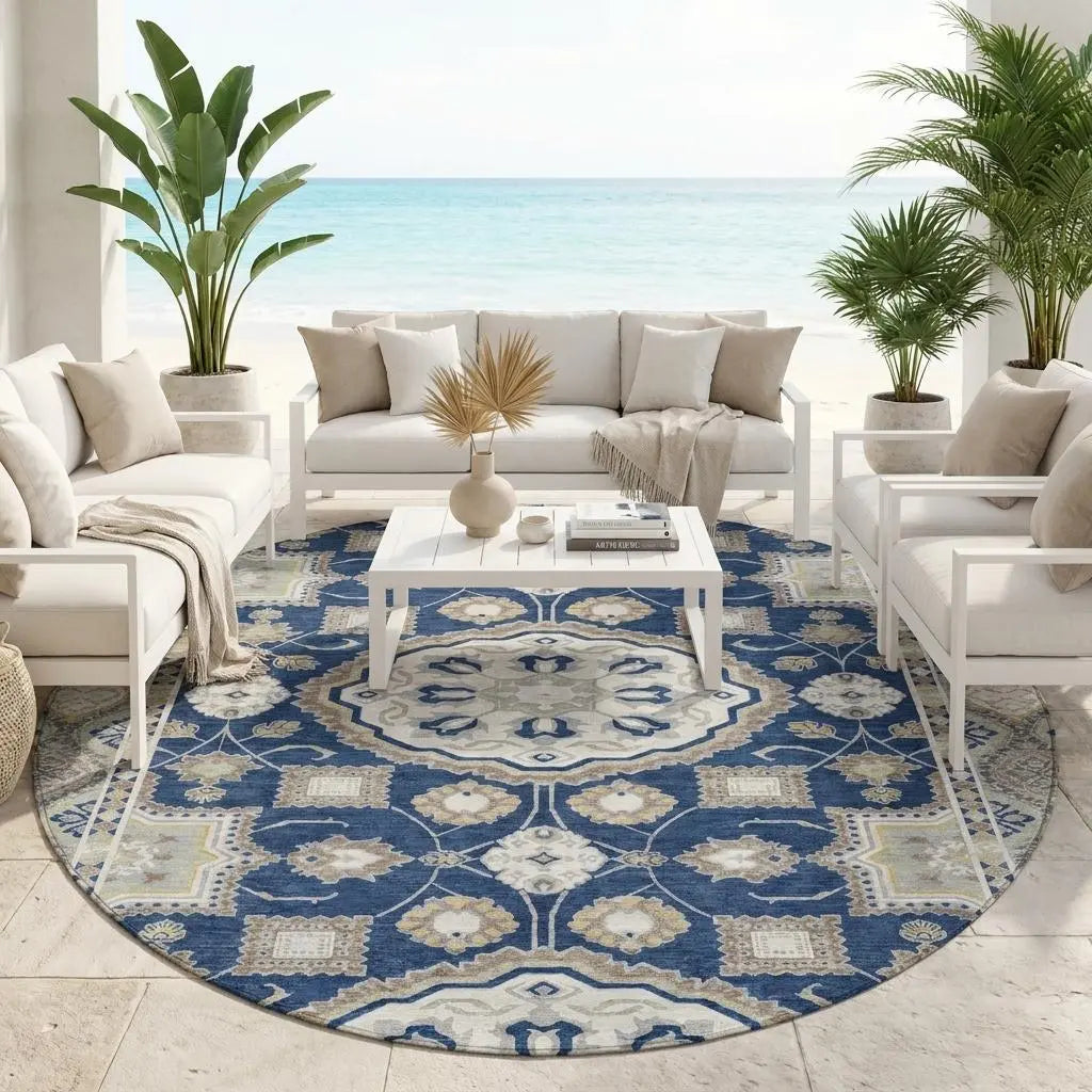 8' Navy Blue And Blue Round Floral Medallion Washable Indoor Outdoor Area Rug Homeroots Outdoor
