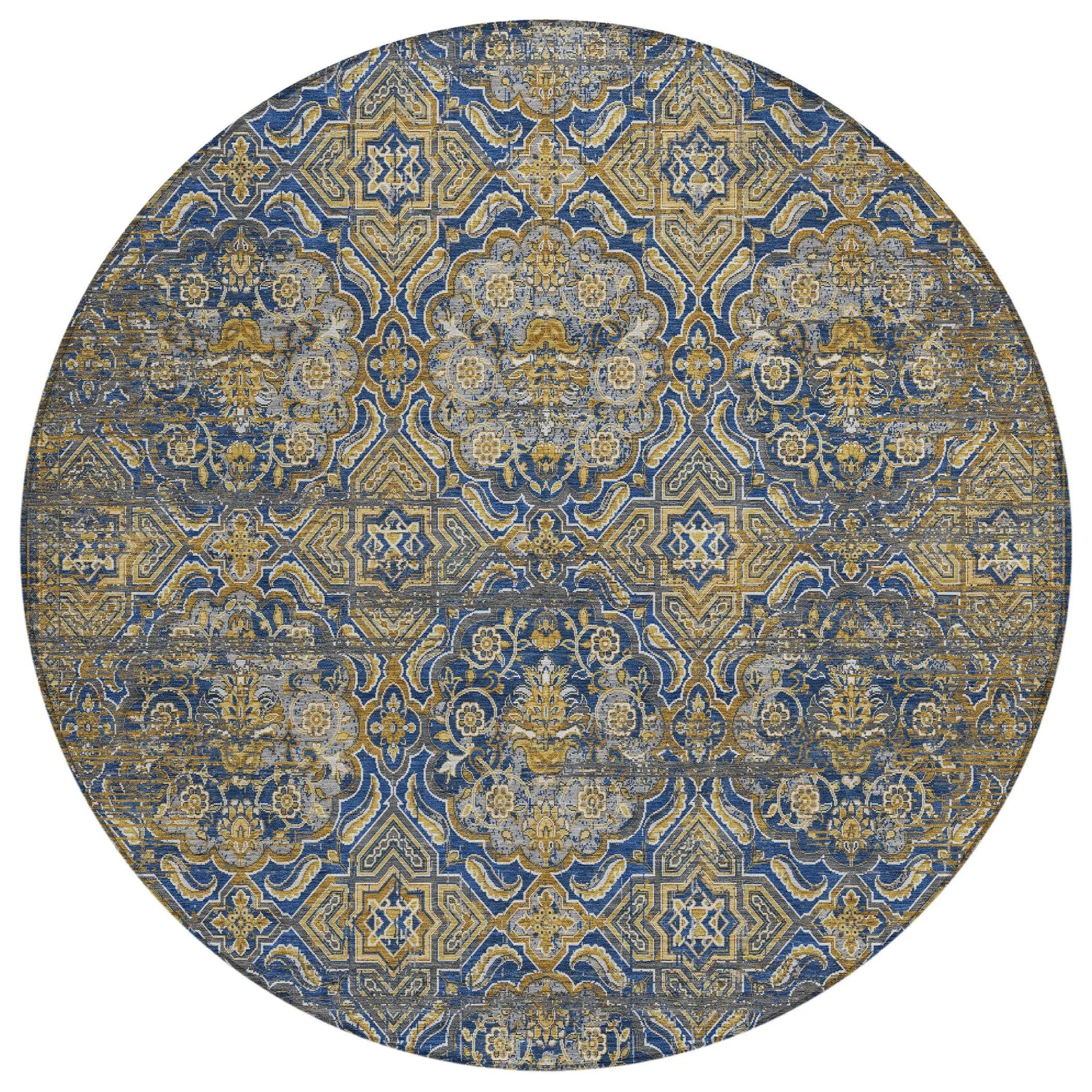 8' Navy Blue And Blue Round Floral Washable Indoor Outdoor Area Rug Homeroots Outdoor