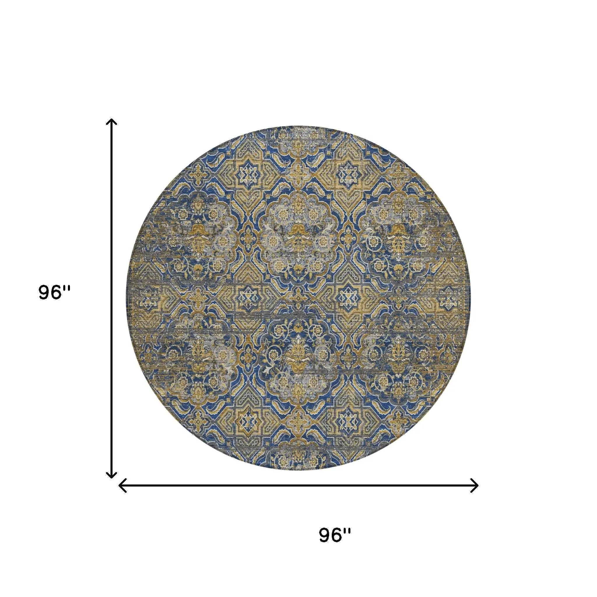 8' Navy Blue And Blue Round Floral Washable Indoor Outdoor Area Rug Homeroots Outdoor