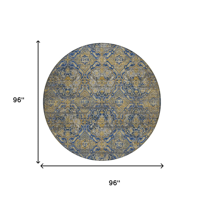 8' Navy Blue And Blue Round Floral Washable Indoor Outdoor Area Rug Homeroots Outdoor