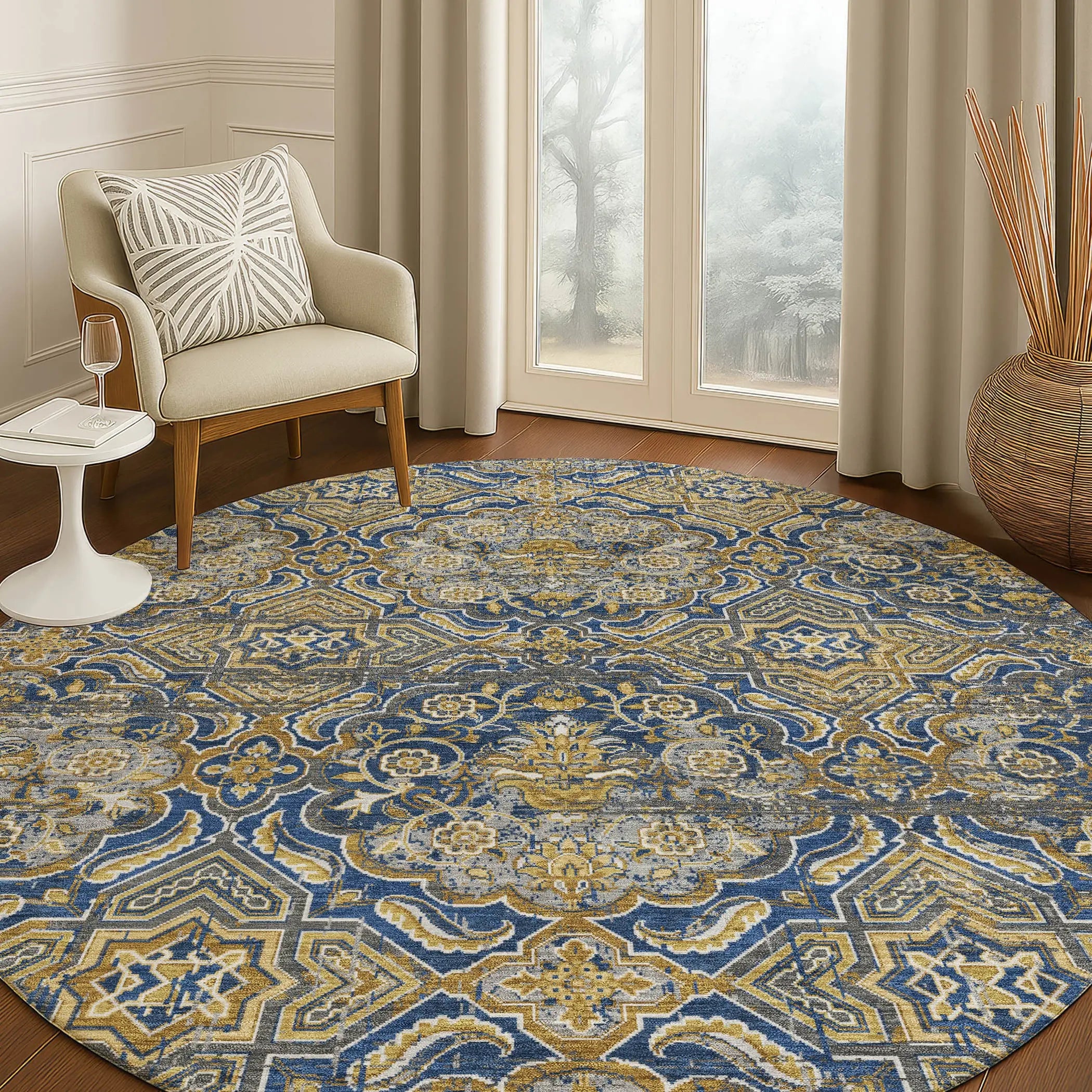 8' Navy Blue And Blue Round Floral Washable Indoor Outdoor Area Rug Homeroots Outdoor