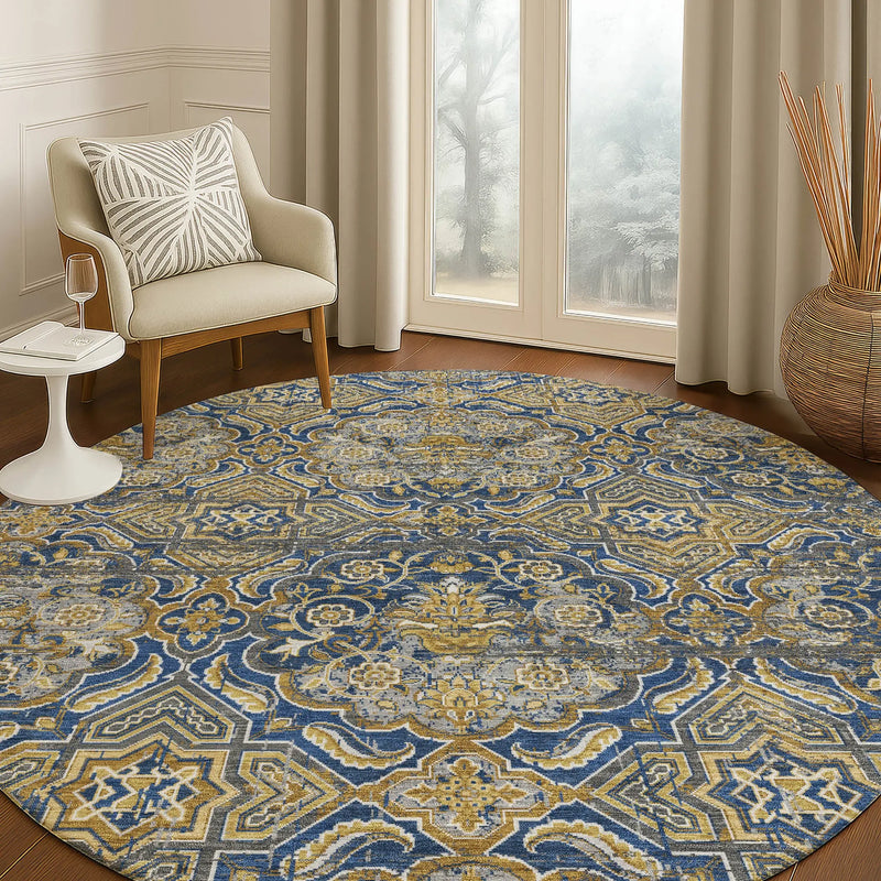 8' Navy Blue And Blue Round Floral Washable Indoor Outdoor Area Rug Homeroots Outdoor