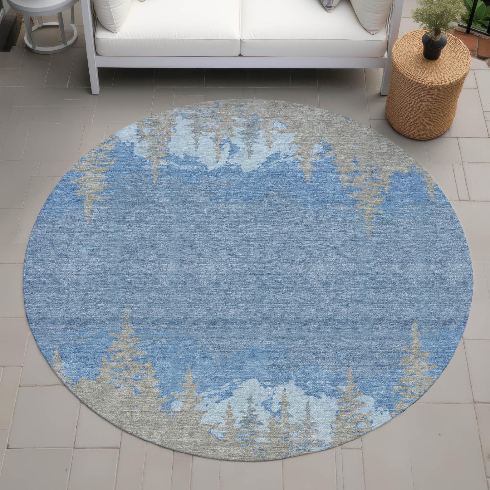 8' Navy Blue And Blue Round Floral Washable Indoor Outdoor Area Rug Homeroots Outdoor