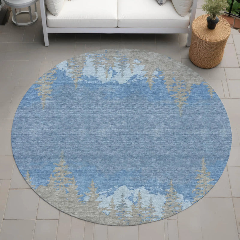 8' Navy Blue And Blue Round Floral Washable Indoor Outdoor Area Rug Homeroots Outdoor