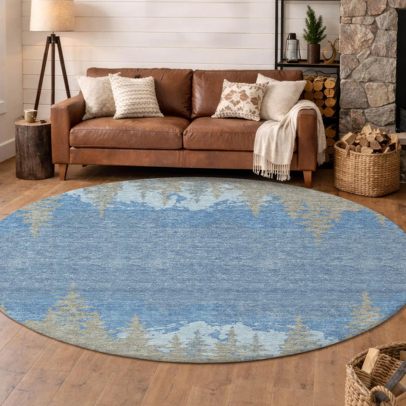 8' Navy Blue And Blue Round Floral Washable Indoor Outdoor Area Rug Homeroots Outdoor