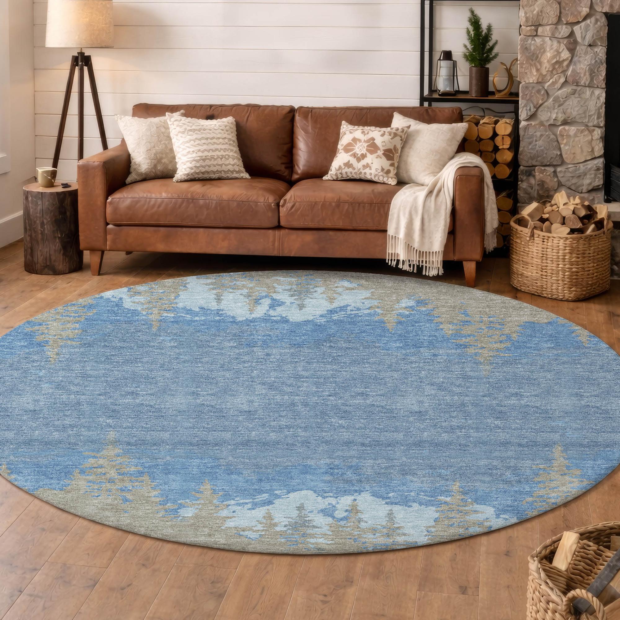 8' Navy Blue And Blue Round Floral Washable Indoor Outdoor Area Rug Homeroots Outdoor