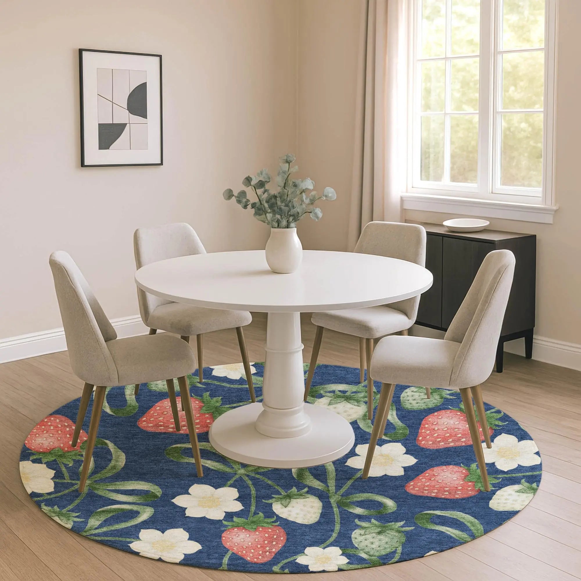 8' Navy Blue And Blue Round Floral Washable Indoor Outdoor Area Rug Homeroots Outdoor