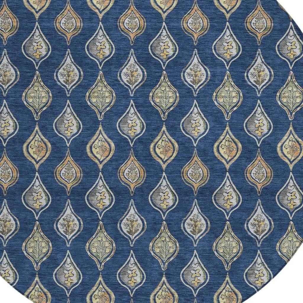 8' Navy Blue And Blue Round Floral Washable Indoor Outdoor Area Rug Homeroots Outdoor