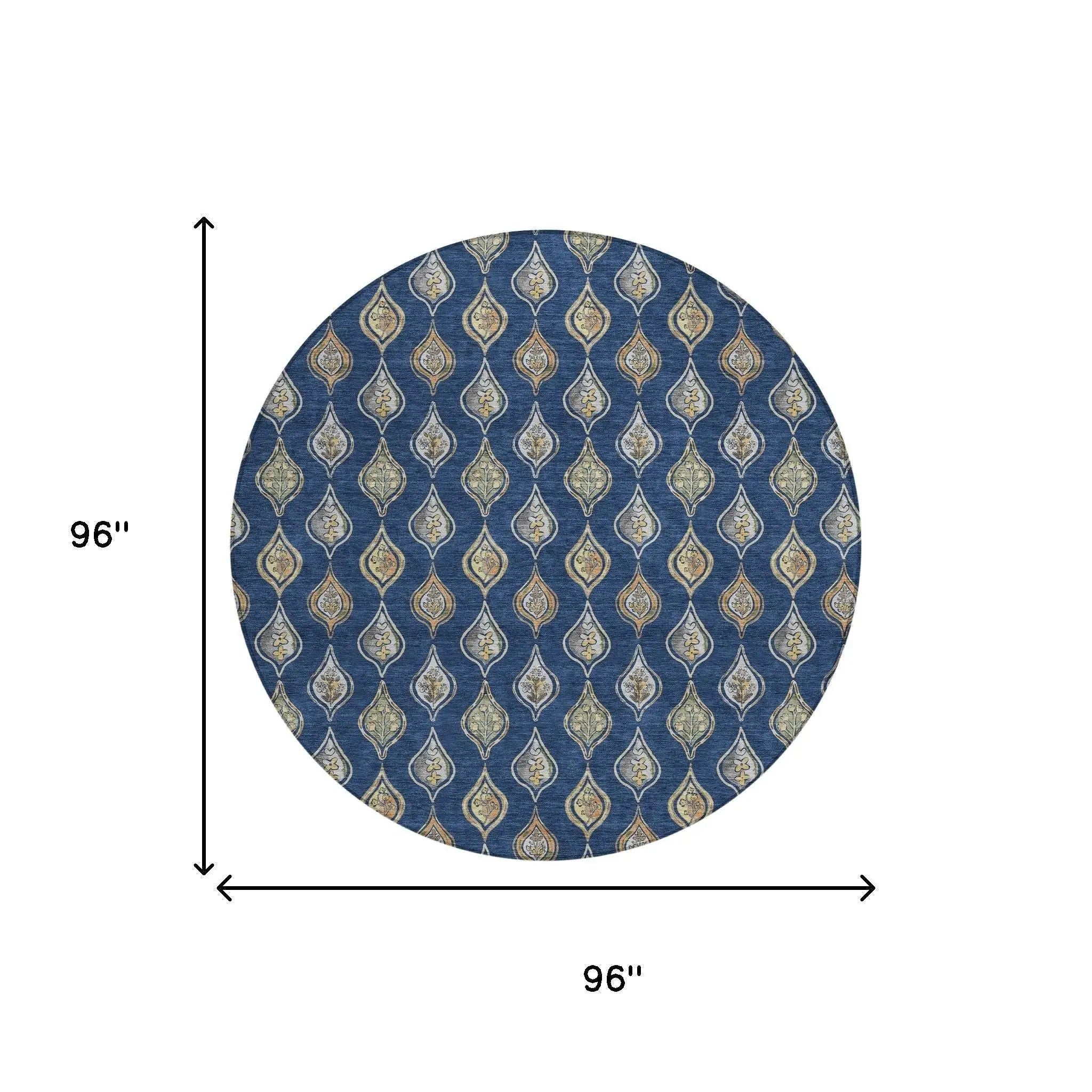 8' Navy Blue And Blue Round Floral Washable Indoor Outdoor Area Rug Homeroots Outdoor