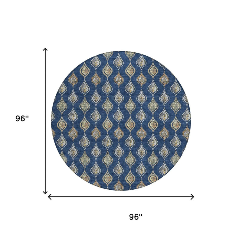 8' Navy Blue And Blue Round Floral Washable Indoor Outdoor Area Rug Homeroots Outdoor