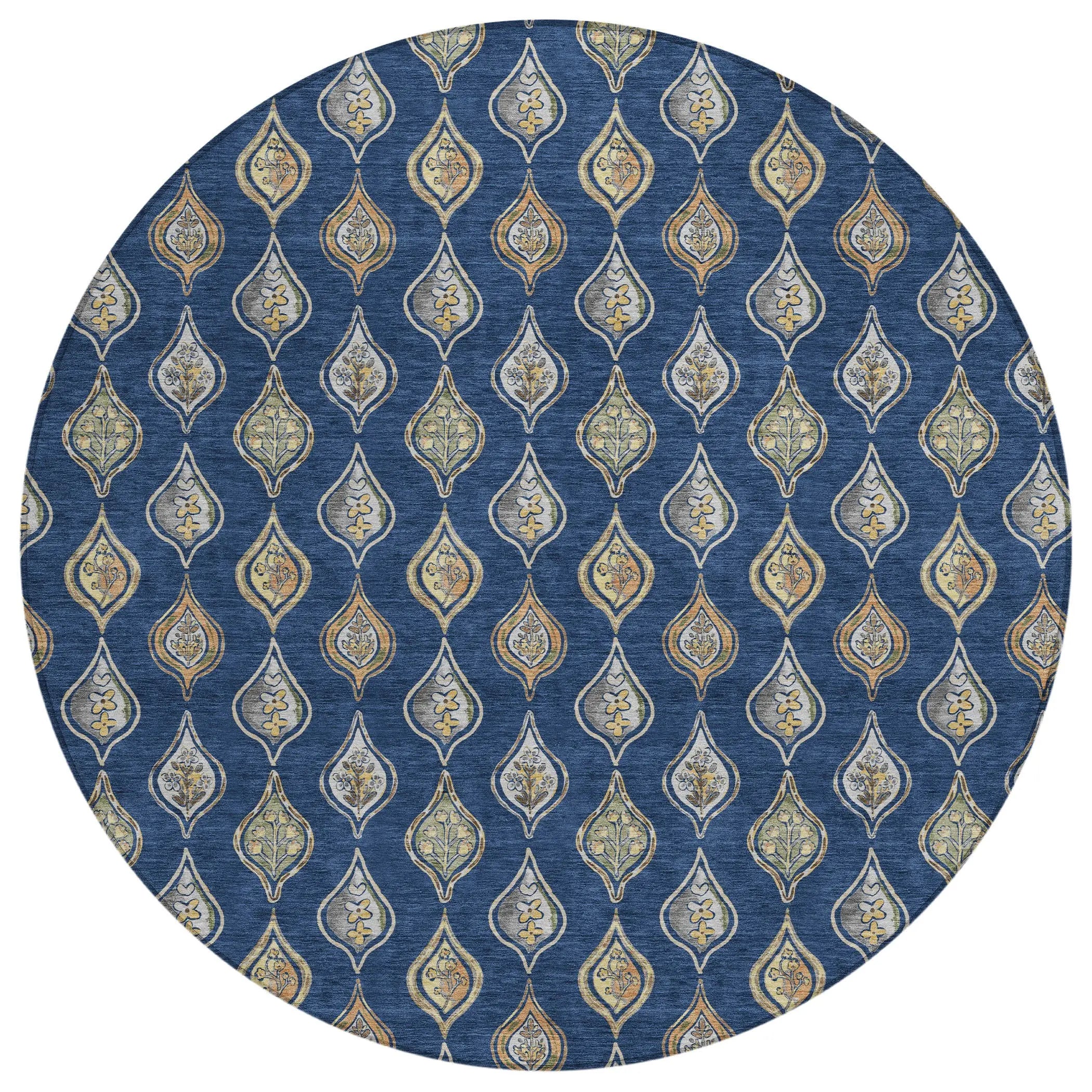 8' Navy Blue And Blue Round Floral Washable Indoor Outdoor Area Rug Homeroots Outdoor