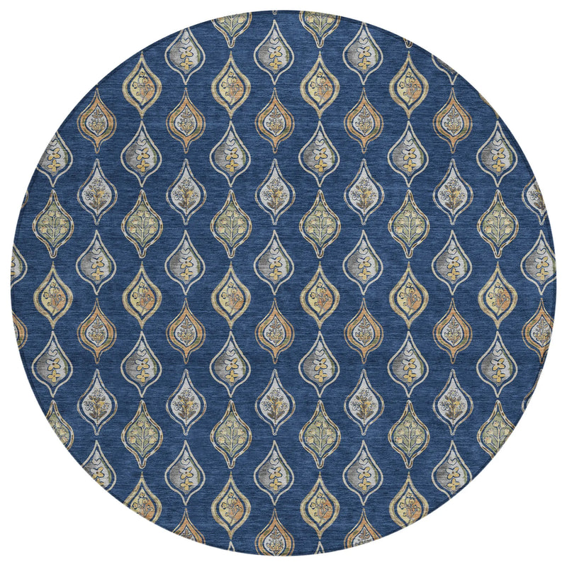 8' Navy Blue And Blue Round Floral Washable Indoor Outdoor Area Rug Homeroots Outdoor