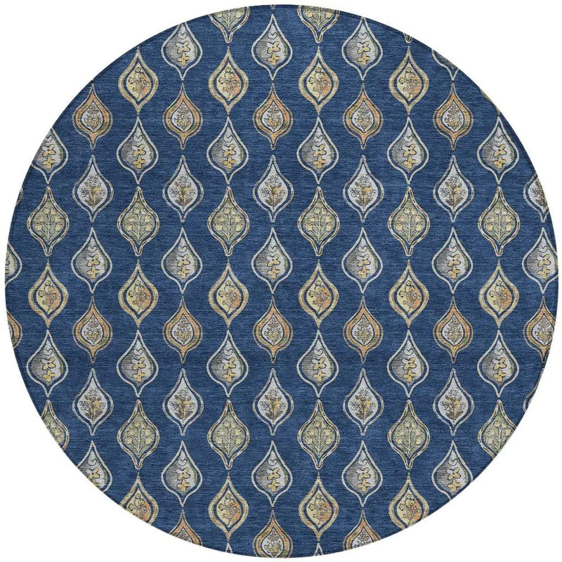 8' Navy Blue And Blue Round Floral Washable Indoor Outdoor Area Rug Homeroots Outdoor