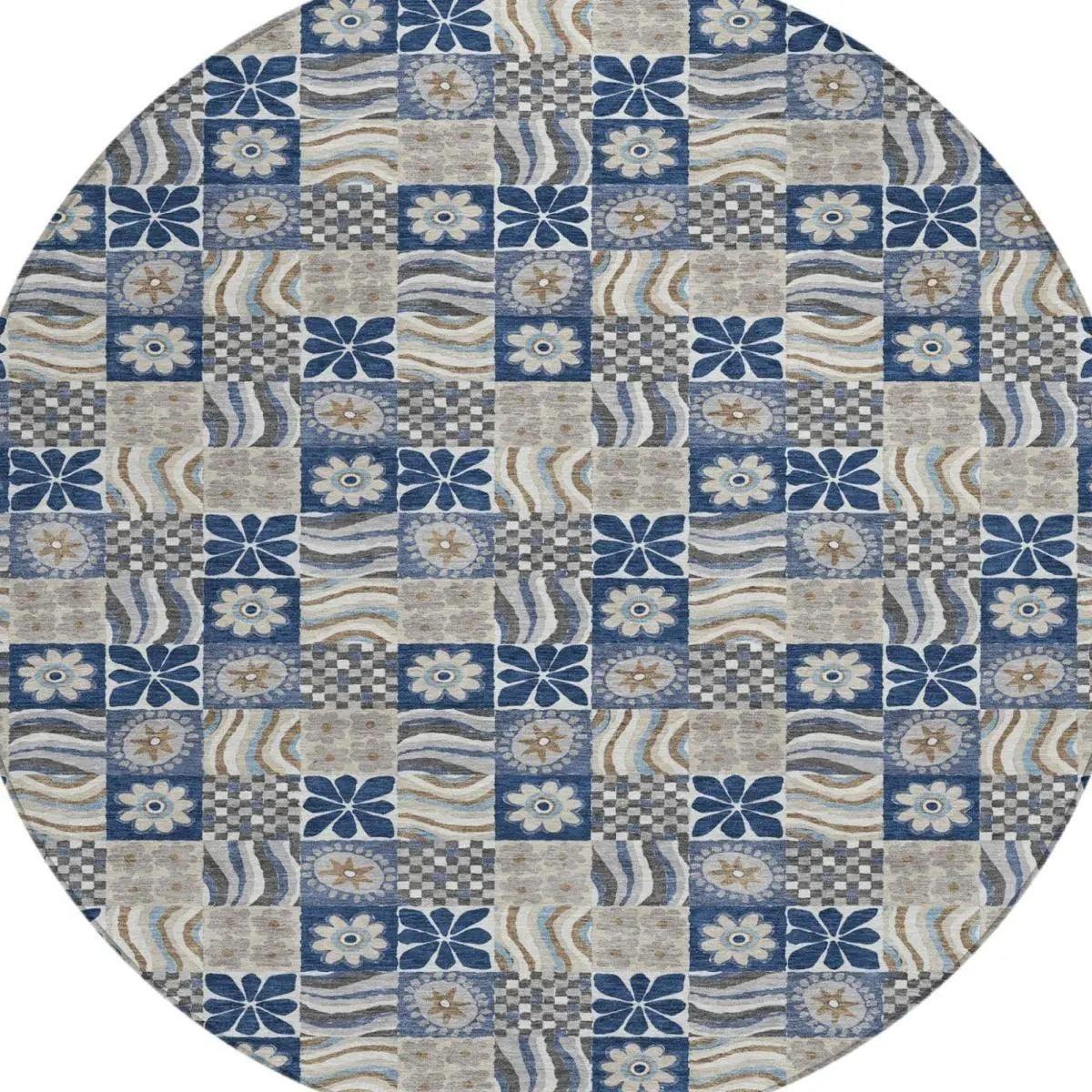 8' Navy Blue And Blue Round Floral Washable Indoor Outdoor Area Rug Homeroots Outdoor