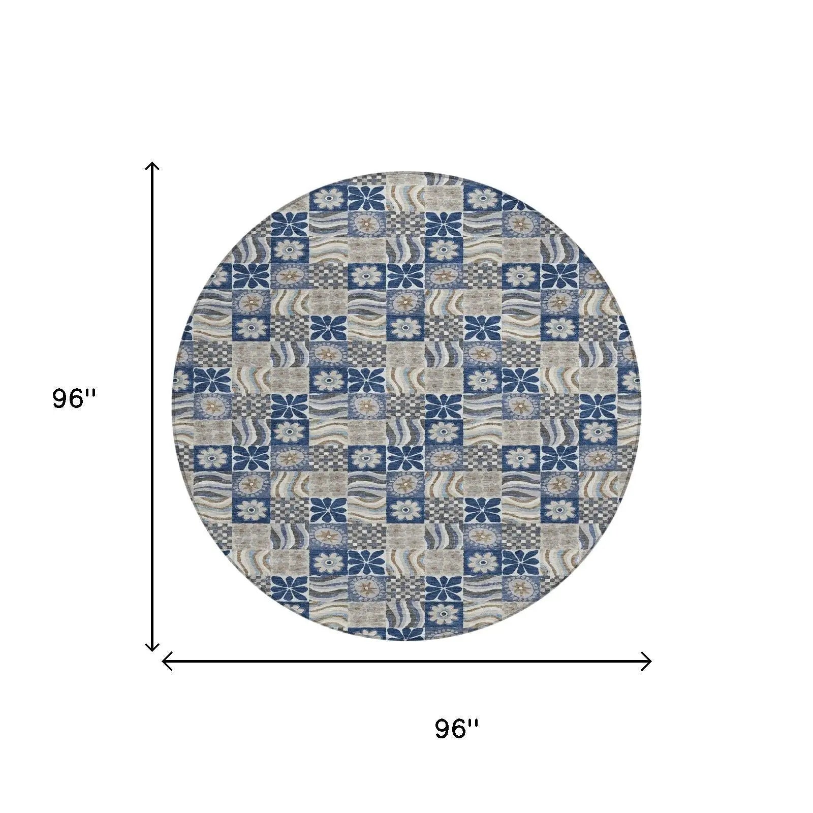 8' Navy Blue And Blue Round Floral Washable Indoor Outdoor Area Rug Homeroots Outdoor