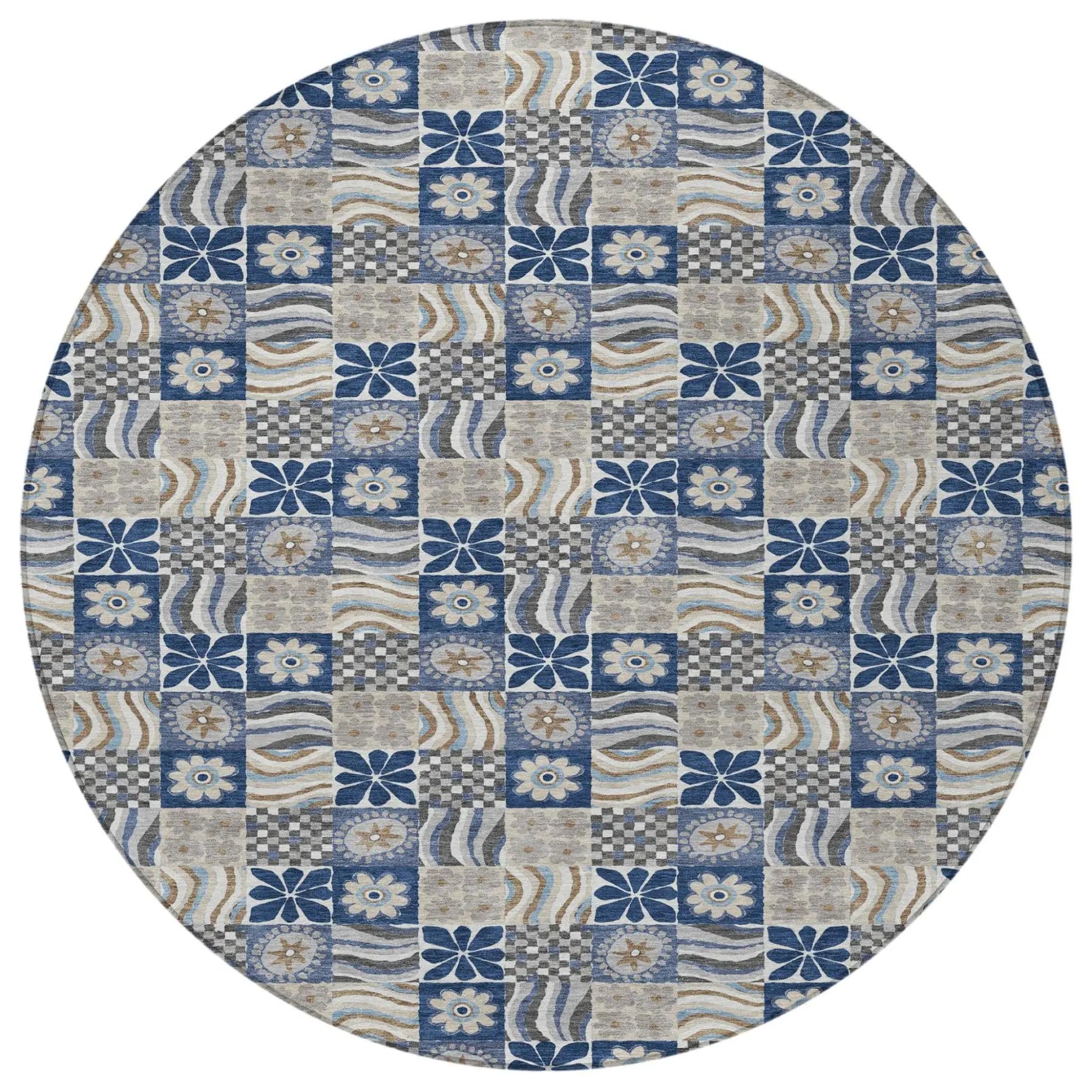 8' Navy Blue And Blue Round Floral Washable Indoor Outdoor Area Rug Homeroots Outdoor