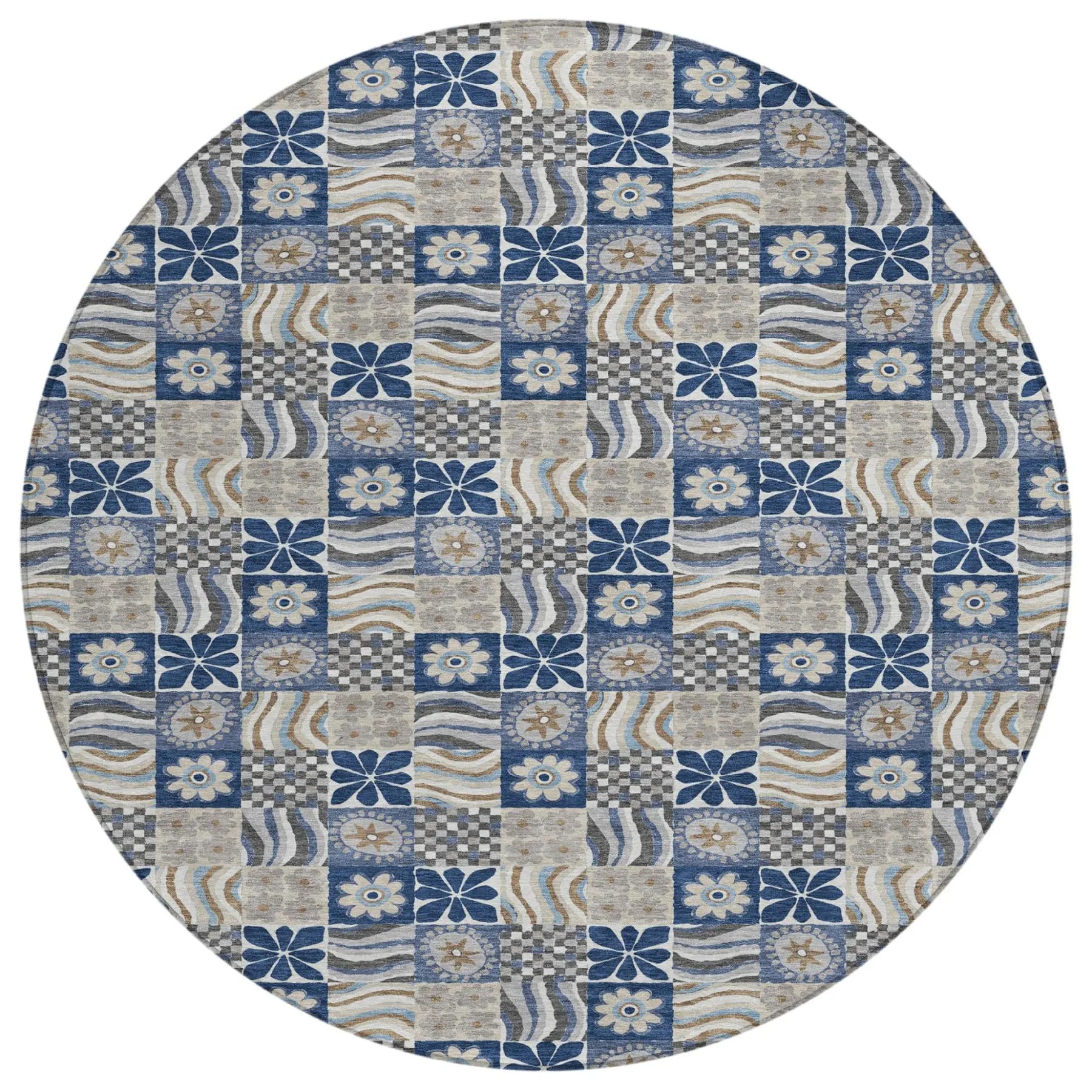 8' Navy Blue And Blue Round Floral Washable Indoor Outdoor Area Rug Homeroots Outdoor