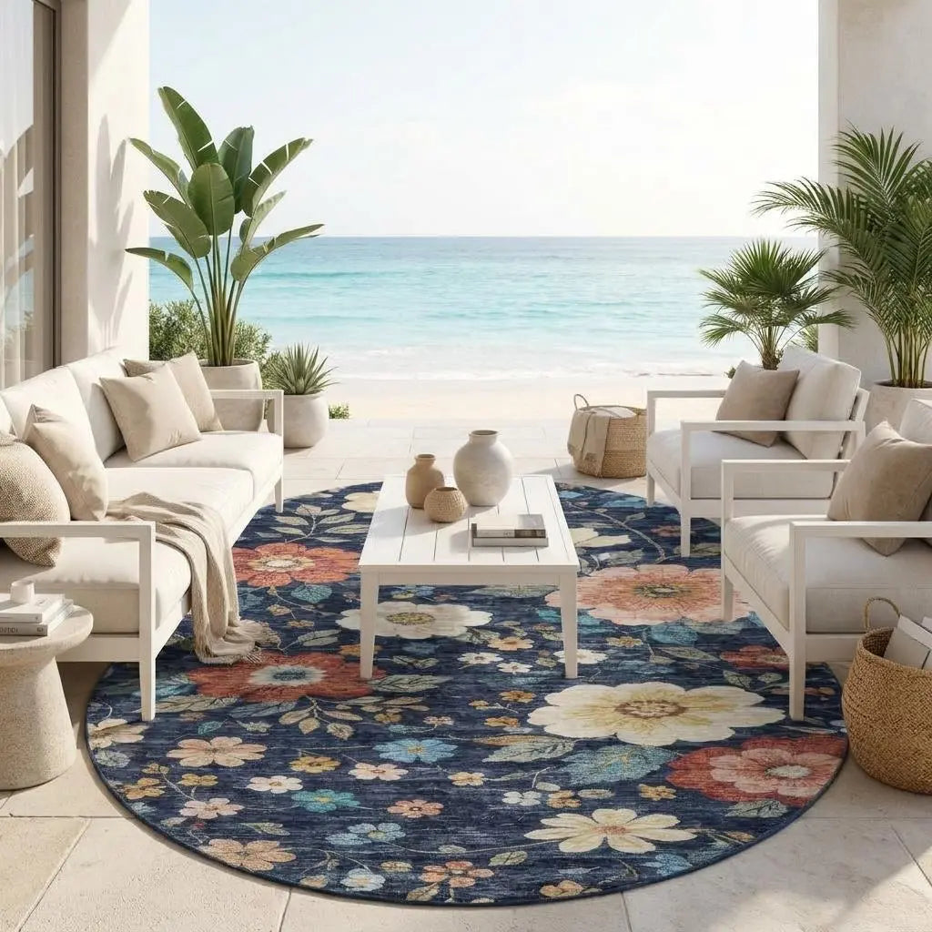 8' Navy Blue And Blue Round Floral Washable Indoor Outdoor Area Rug Homeroots Outdoor