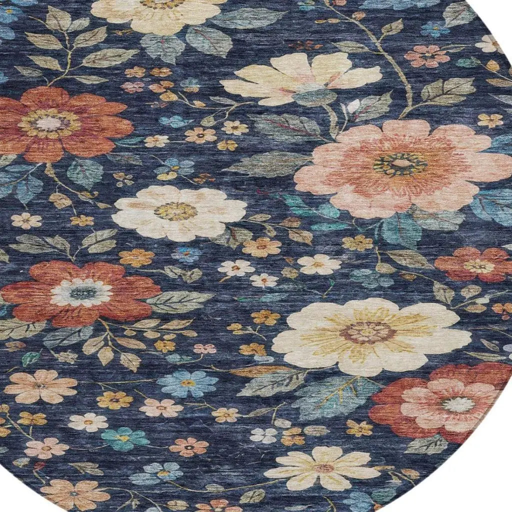8' Navy Blue And Blue Round Floral Washable Indoor Outdoor Area Rug Homeroots Outdoor