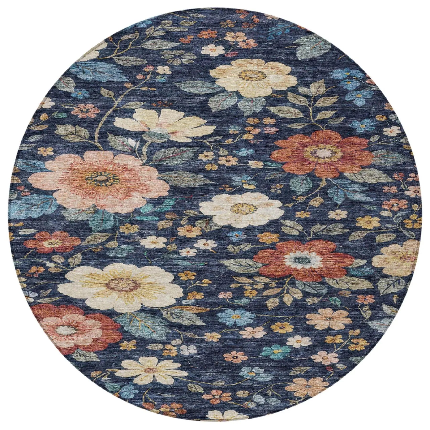 8' Navy Blue And Blue Round Floral Washable Indoor Outdoor Area Rug Homeroots Outdoor
