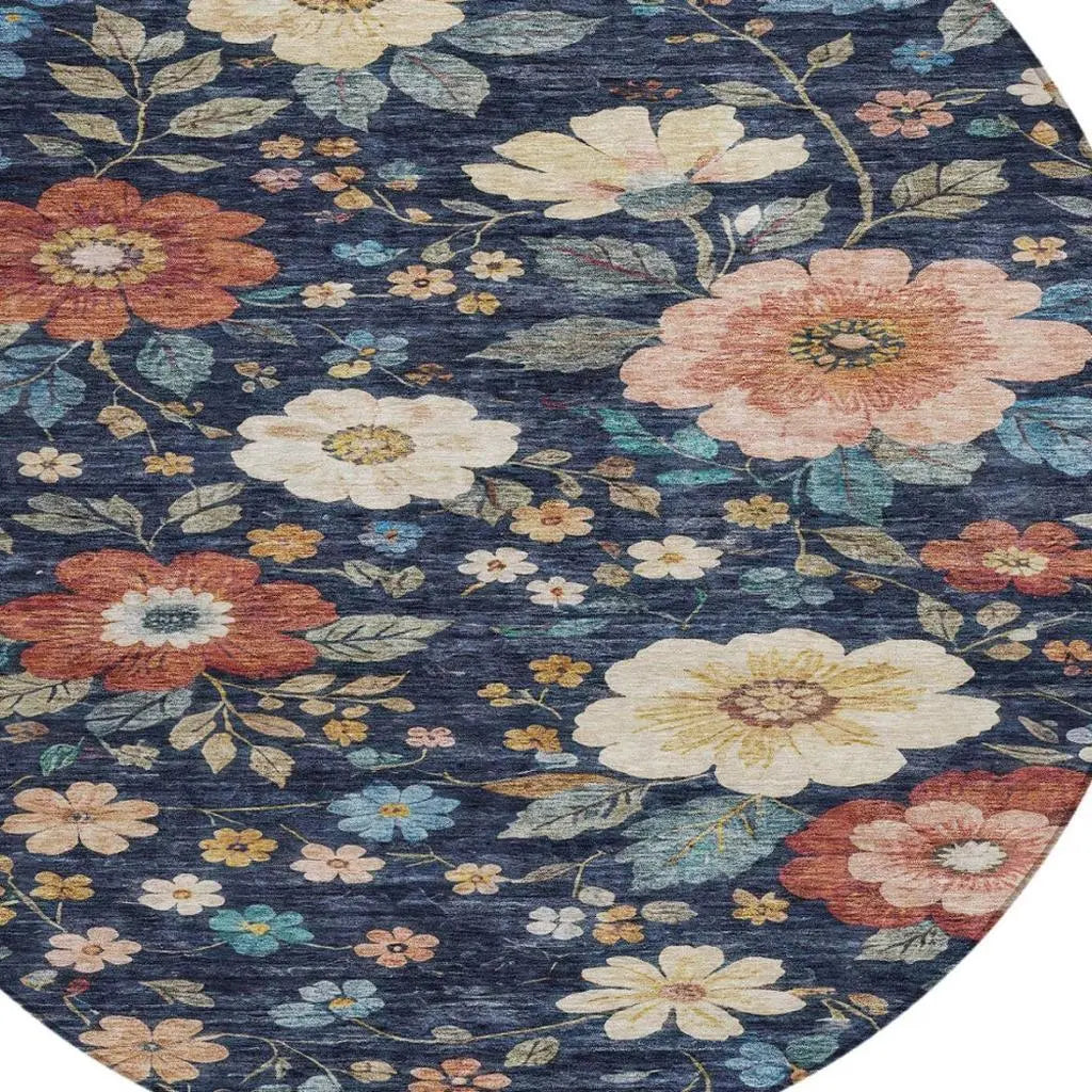 8' Navy Blue And Blue Round Floral Washable Indoor Outdoor Area Rug Homeroots Outdoor