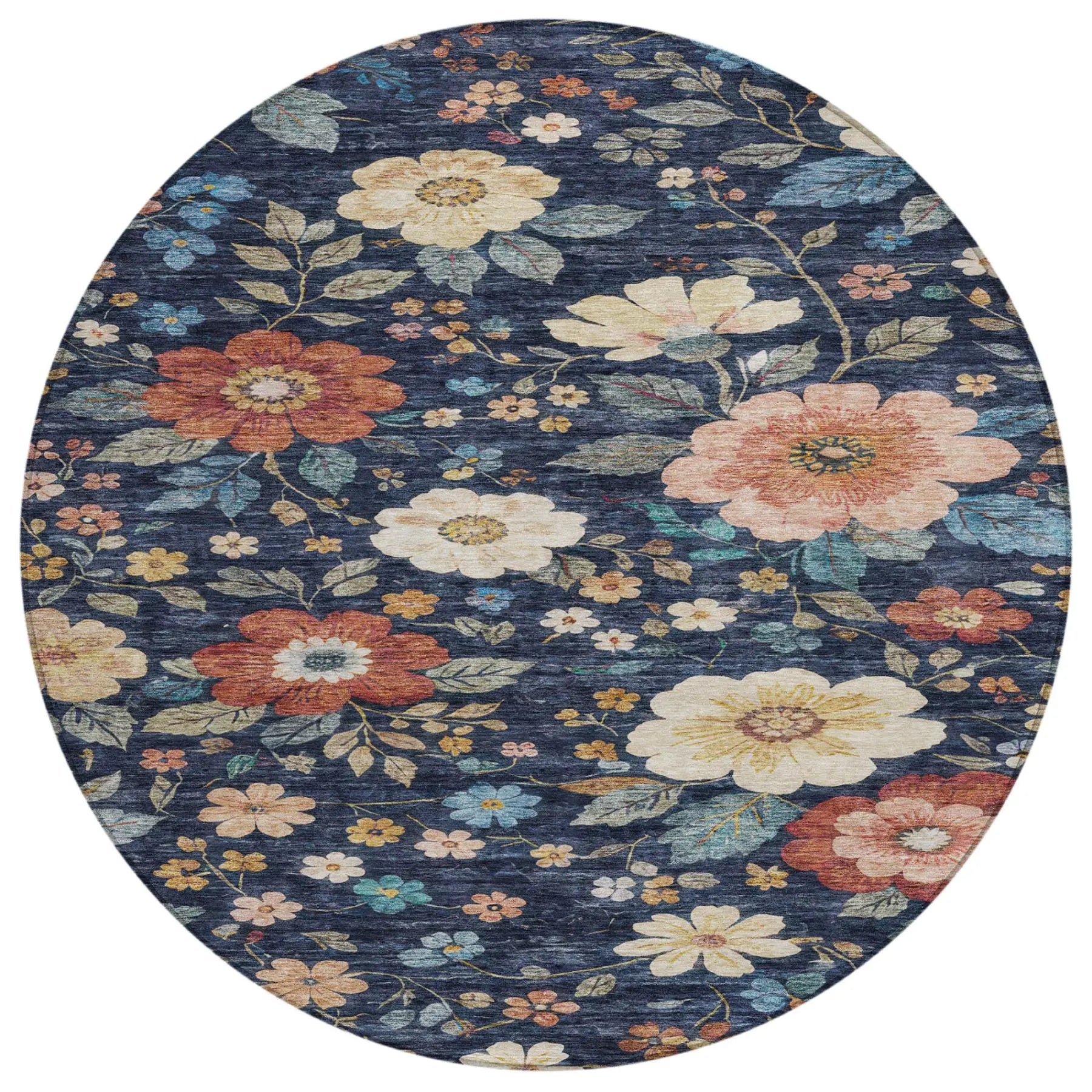 8' Navy Blue And Blue Round Floral Washable Indoor Outdoor Area Rug Homeroots Outdoor