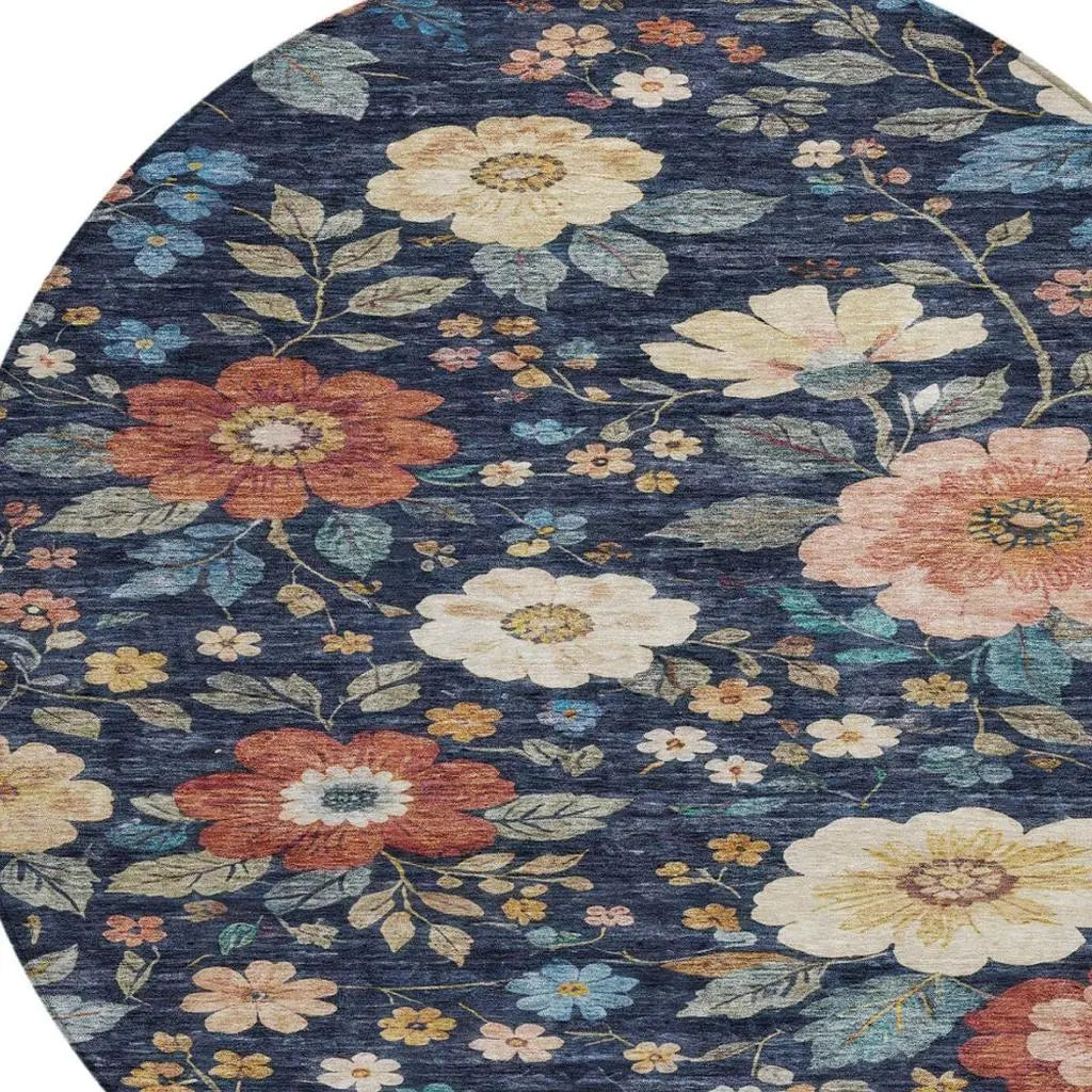 8' Navy Blue And Blue Round Floral Washable Indoor Outdoor Area Rug Homeroots Outdoor