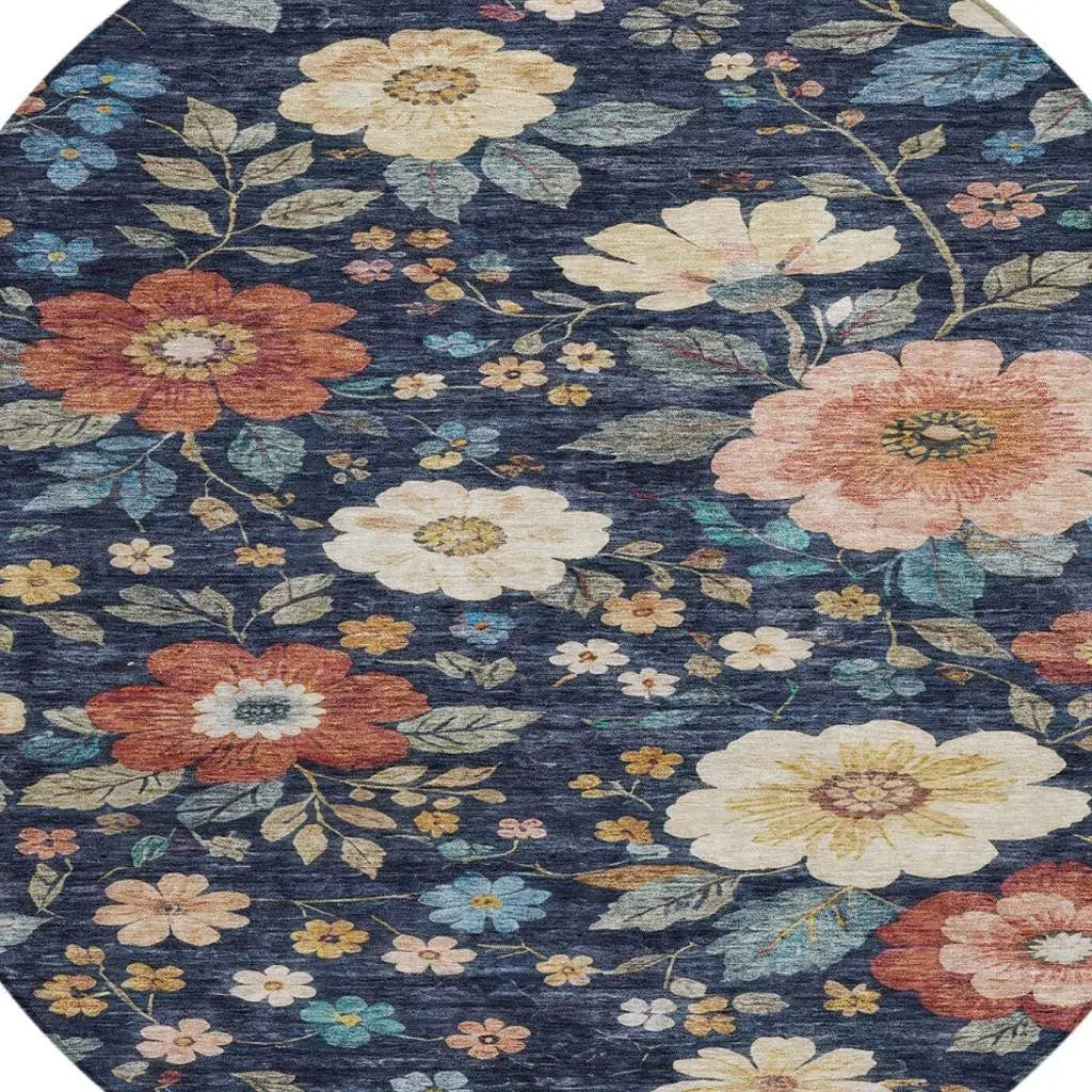 8' Navy Blue And Blue Round Floral Washable Indoor Outdoor Area Rug Homeroots Outdoor