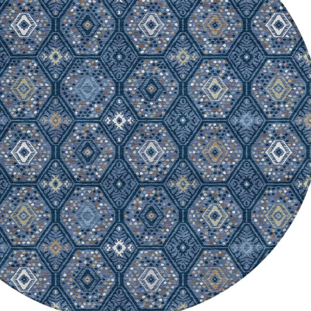 8' Navy Blue And Blue Round Geometric Washable Indoor Outdoor Area Rug Homeroots Outdoor