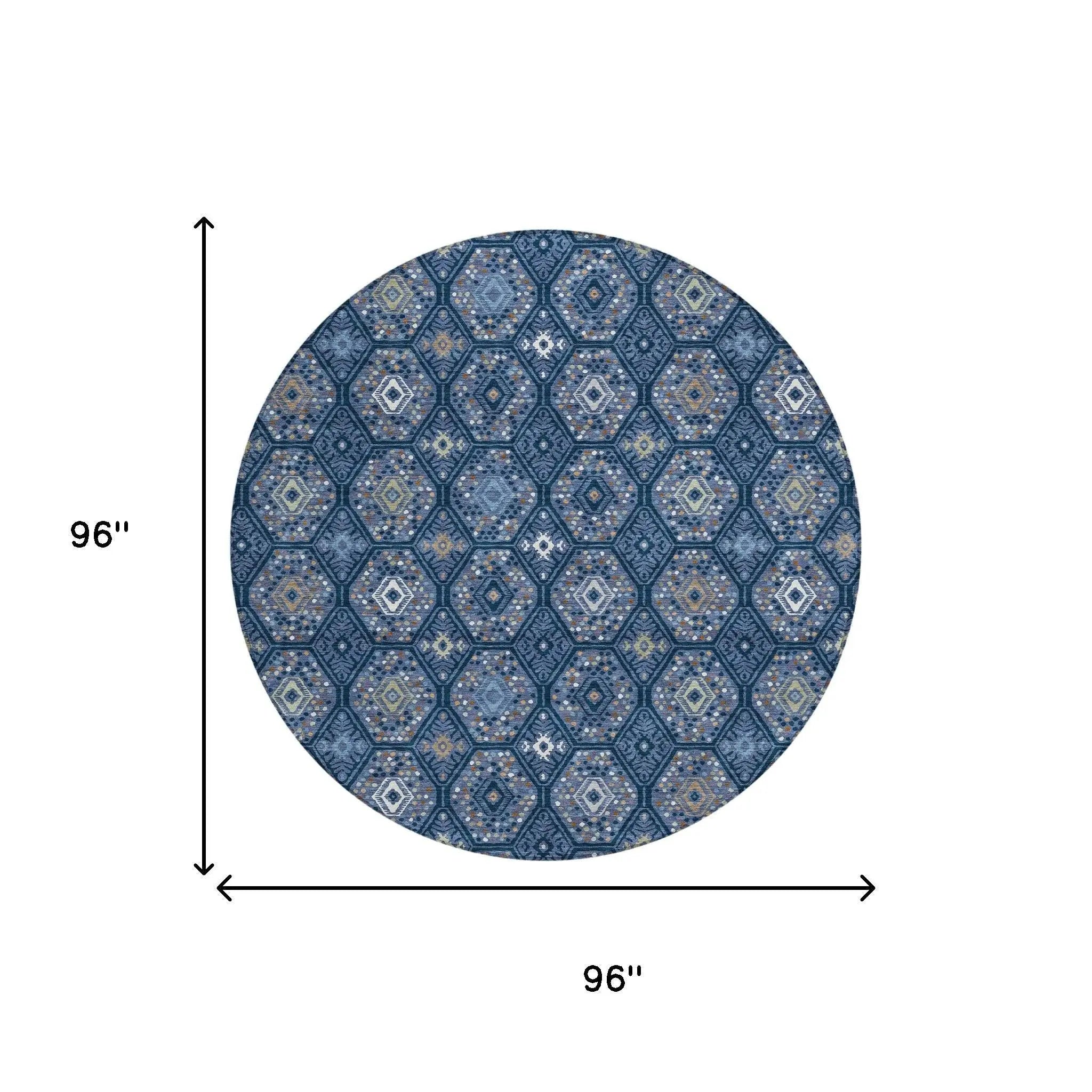 8' Navy Blue And Blue Round Geometric Washable Indoor Outdoor Area Rug Homeroots Outdoor