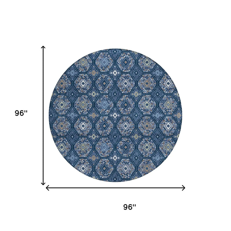 8' Navy Blue And Blue Round Geometric Washable Indoor Outdoor Area Rug Homeroots Outdoor