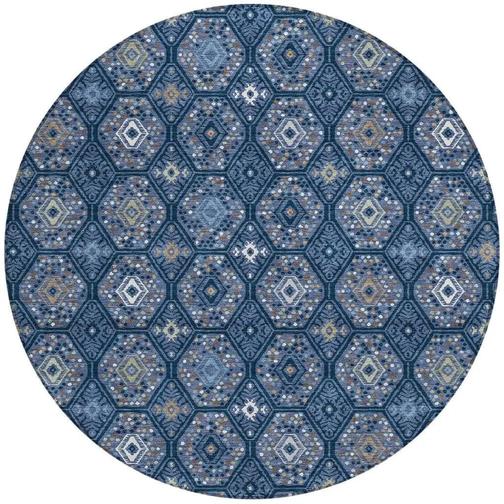 8' Navy Blue And Blue Round Geometric Washable Indoor Outdoor Area Rug Homeroots Outdoor