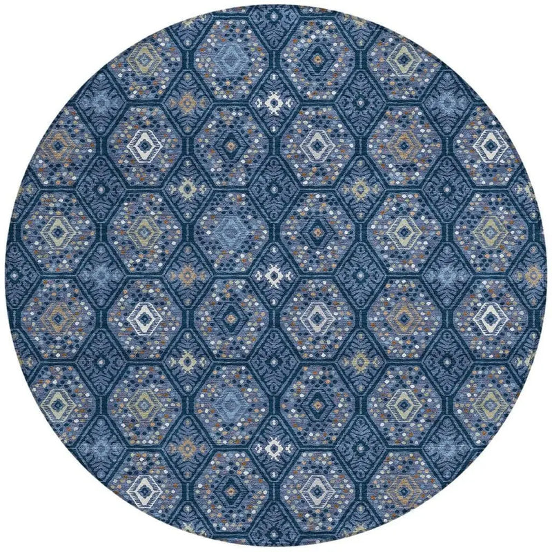 8' Navy Blue And Blue Round Geometric Washable Indoor Outdoor Area Rug Homeroots Outdoor