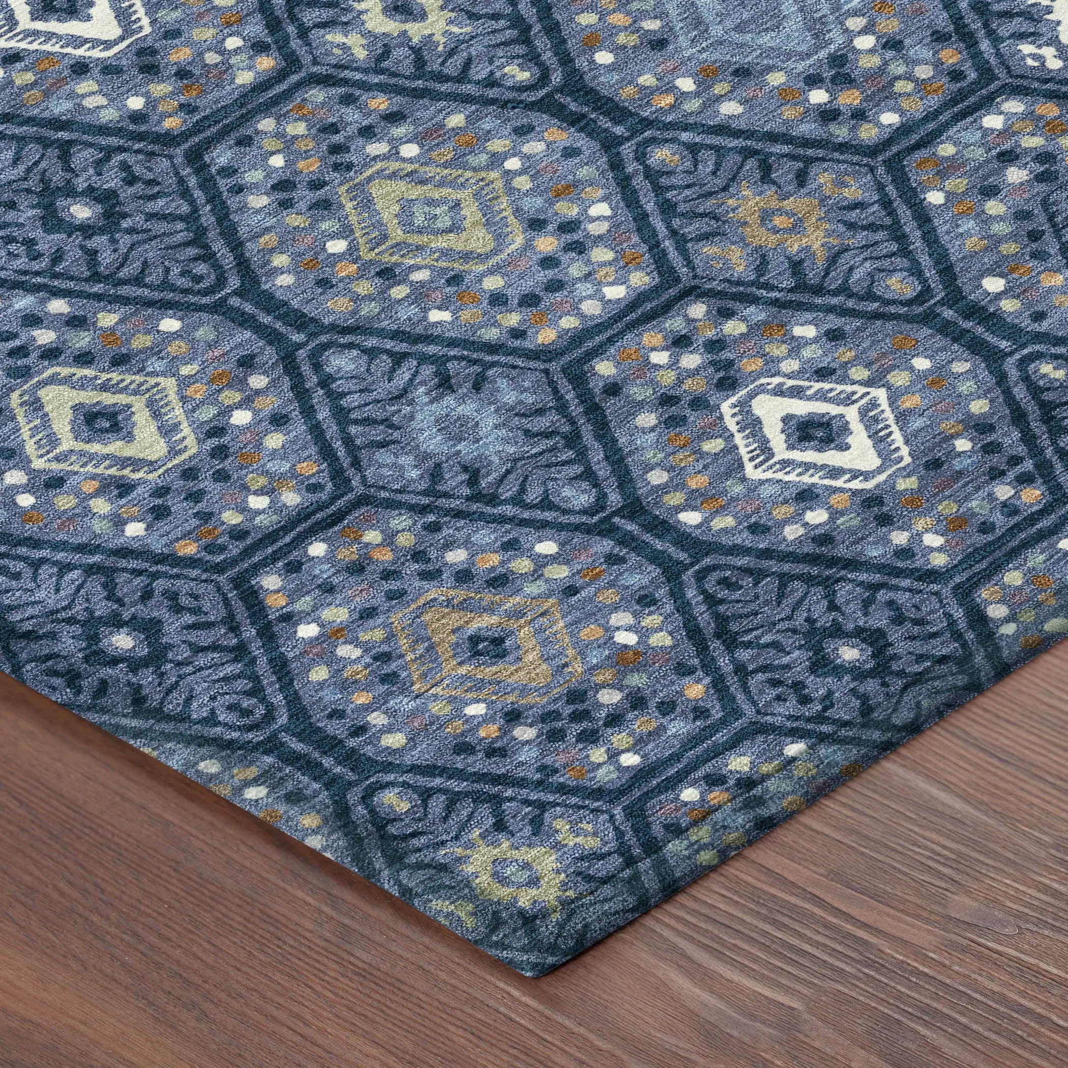 8' Navy Blue And Blue Round Geometric Washable Indoor Outdoor Area Rug Homeroots Outdoor