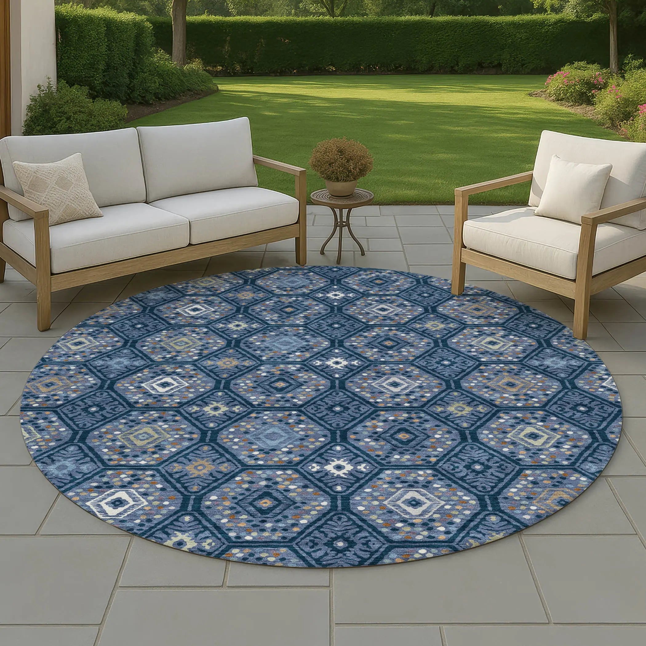 8' Navy Blue And Blue Round Geometric Washable Indoor Outdoor Area Rug Homeroots Outdoor
