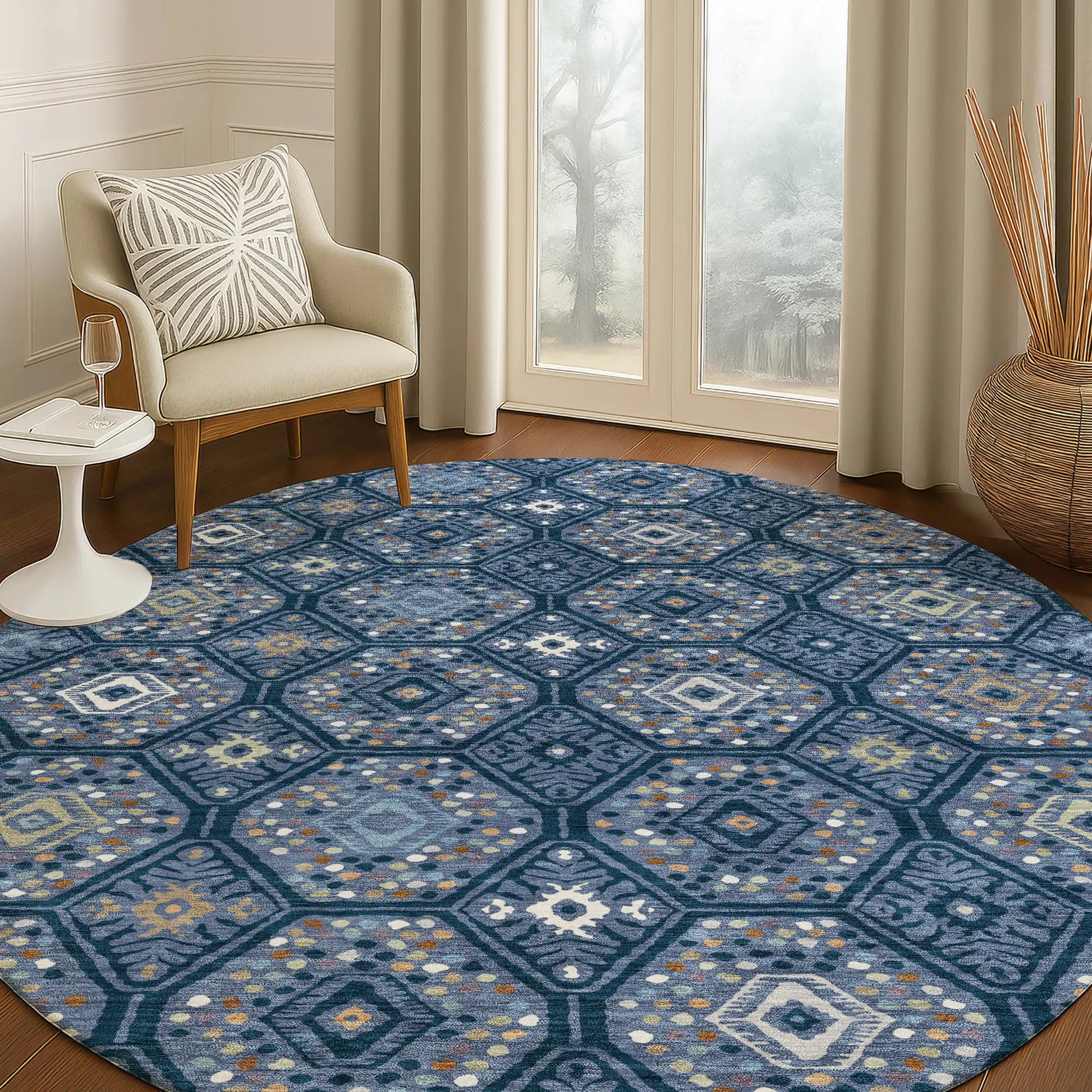 8' Navy Blue And Blue Round Geometric Washable Indoor Outdoor Area Rug Homeroots Outdoor
