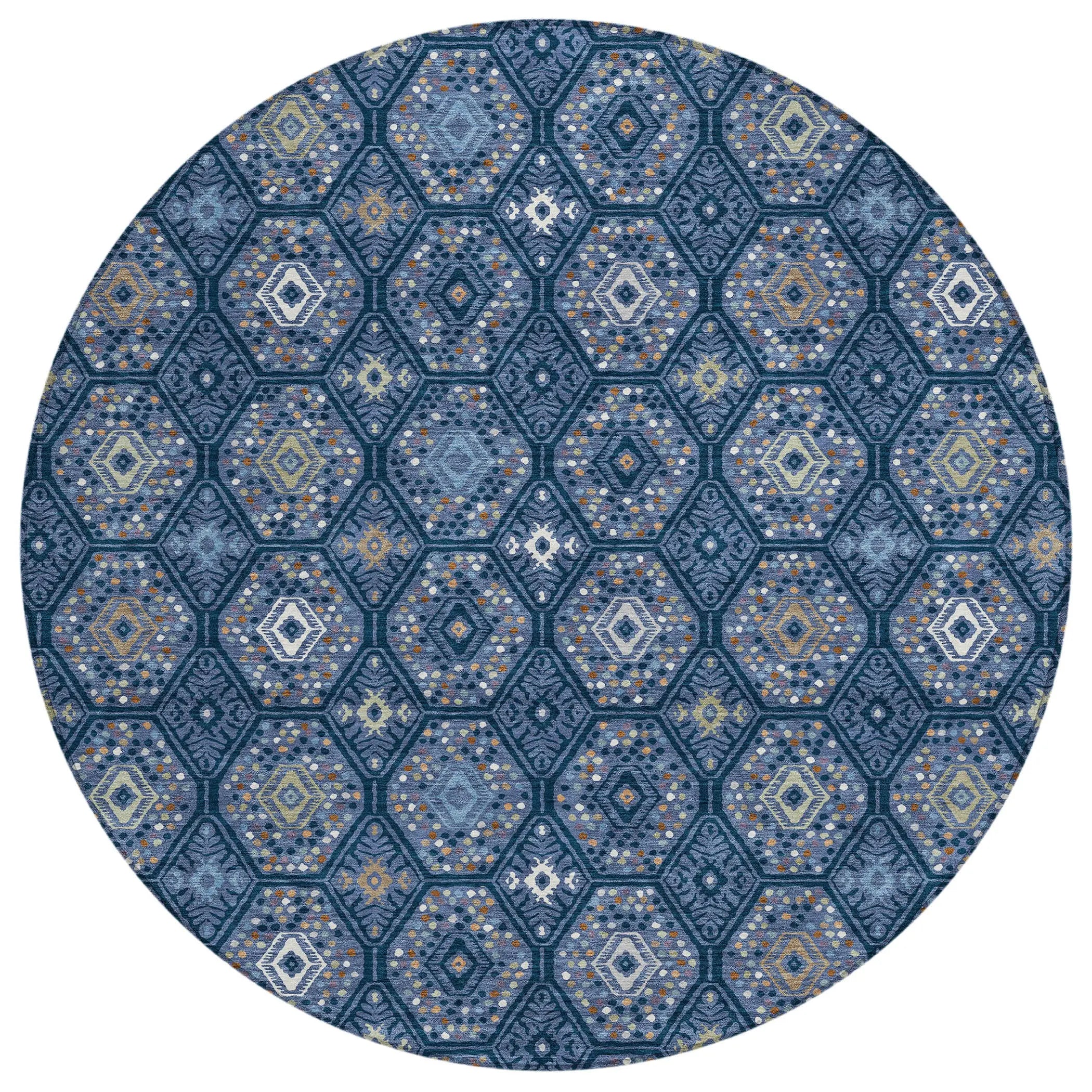 8' Navy Blue And Blue Round Geometric Washable Indoor Outdoor Area Rug Homeroots Outdoor