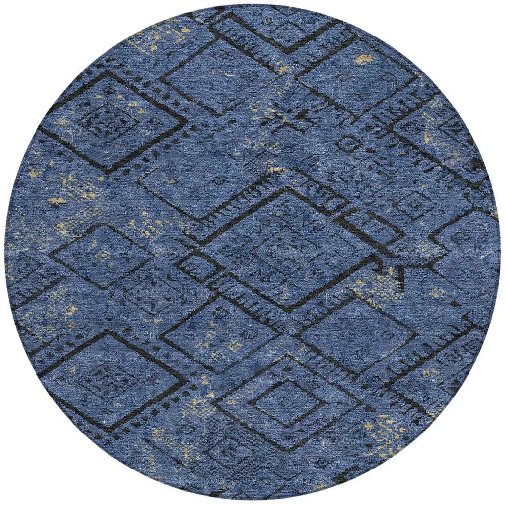 8' Navy Blue And Blue Round Geometric Washable Indoor Outdoor Area Rug Homeroots Outdoor