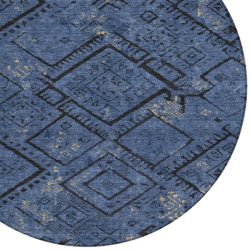 8' Navy Blue And Blue Round Geometric Washable Indoor Outdoor Area Rug Homeroots Outdoor