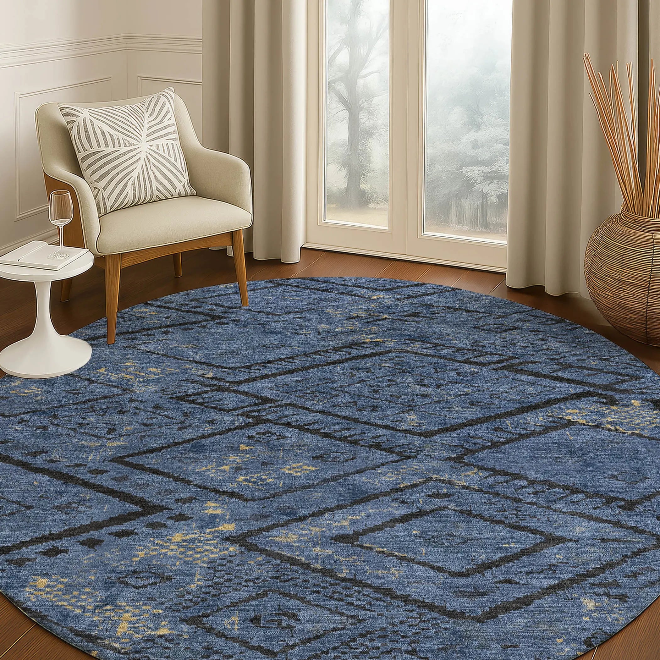 8' Navy Blue And Blue Round Geometric Washable Indoor Outdoor Area Rug Homeroots Outdoor