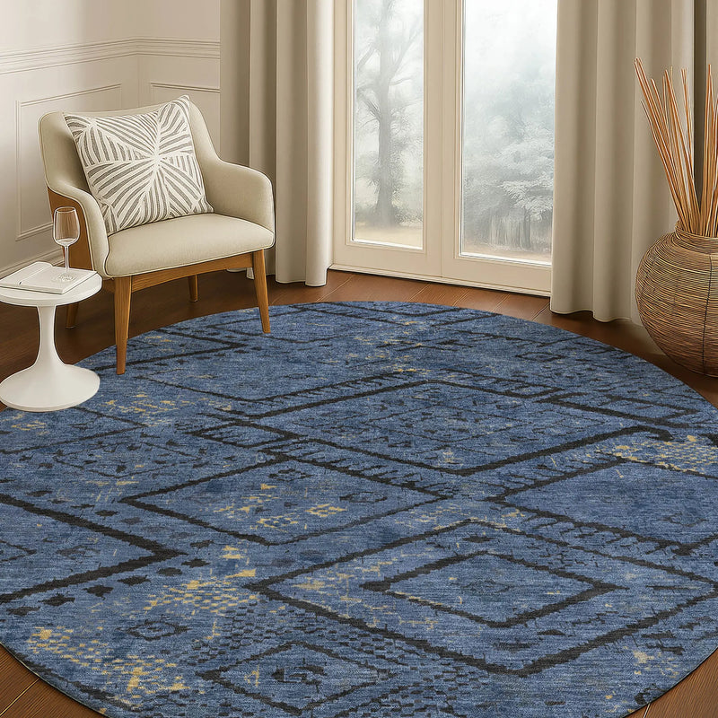 8' Navy Blue And Blue Round Geometric Washable Indoor Outdoor Area Rug Homeroots Outdoor