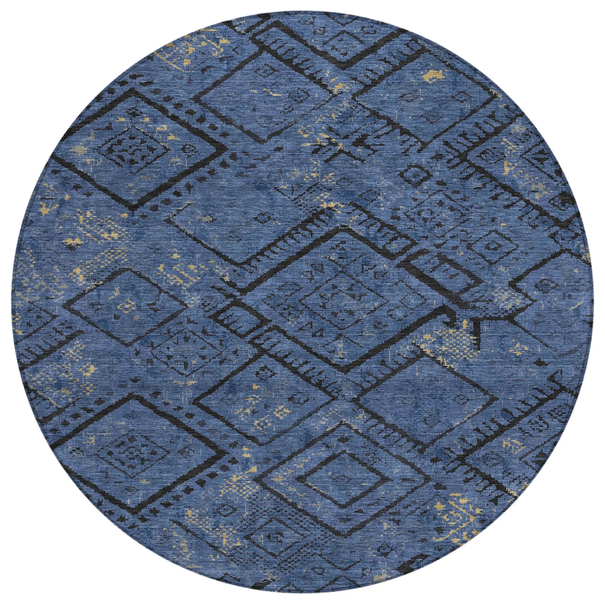 8' Navy Blue And Blue Round Geometric Washable Indoor Outdoor Area Rug Homeroots Outdoor