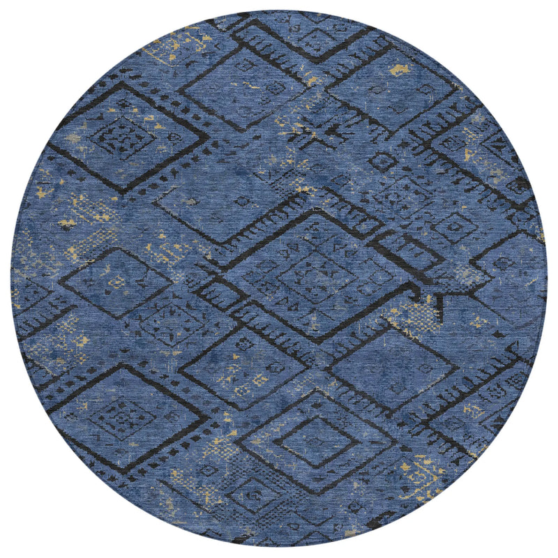 8' Navy Blue And Blue Round Geometric Washable Indoor Outdoor Area Rug Homeroots Outdoor