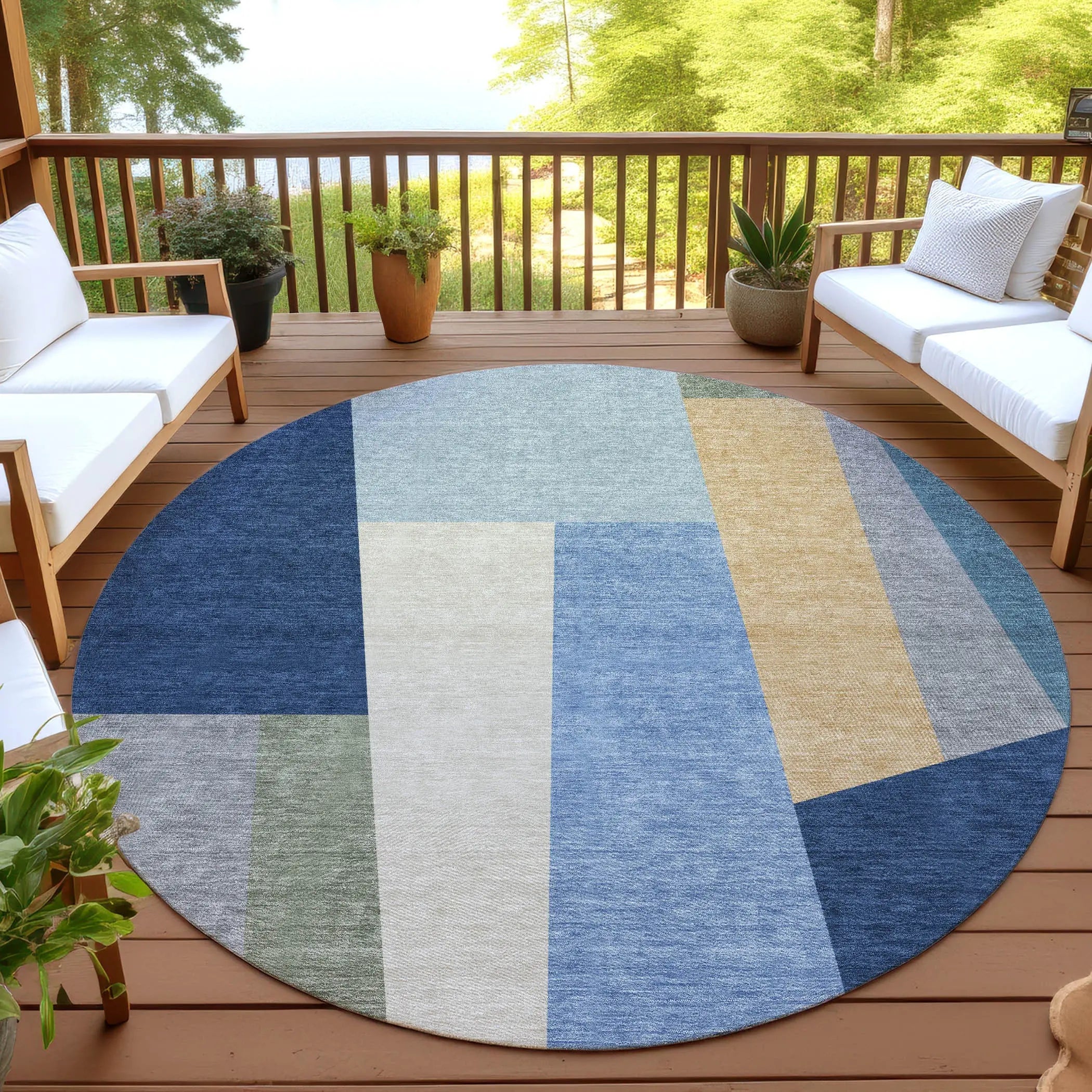 8' Navy Blue And Blue Round Geometric Washable Indoor Outdoor Area Rug Homeroots Outdoor