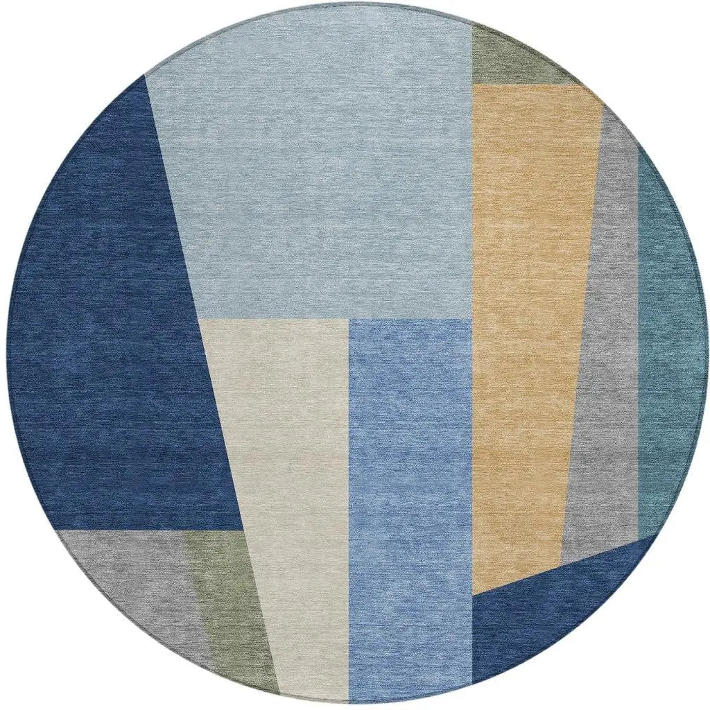 8' Navy Blue And Blue Round Geometric Washable Indoor Outdoor Area Rug Homeroots Outdoor