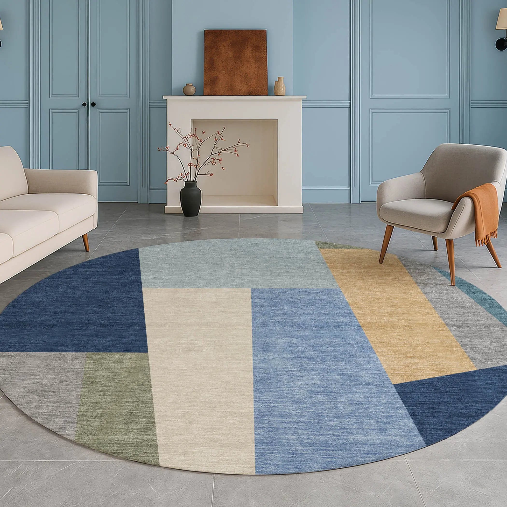 8' Navy Blue And Blue Round Geometric Washable Indoor Outdoor Area Rug Homeroots Outdoor