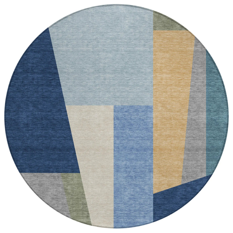 8' Navy Blue And Blue Round Geometric Washable Indoor Outdoor Area Rug Homeroots Outdoor